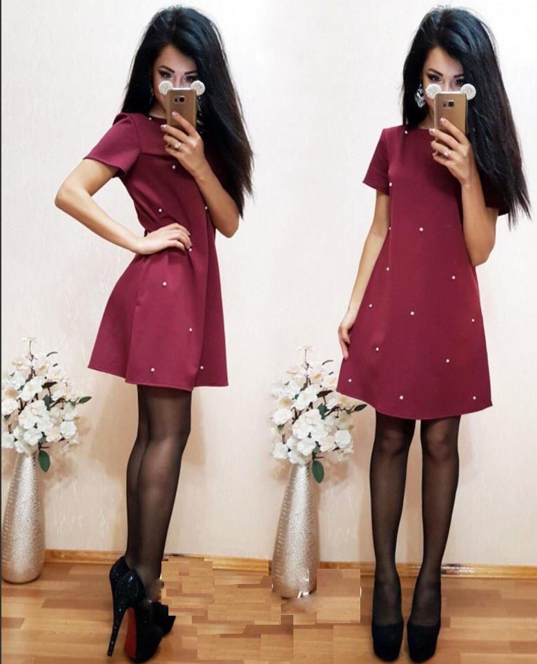 

Европейское и американское платье с короткими рукавами и бисером - Однотонное, Коллекция весна/лето 2017 XL вино красного