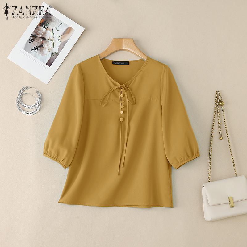 ZANZEA Women Casual Round Neck Solid Color 3/4 Sleeve Summer Blouse