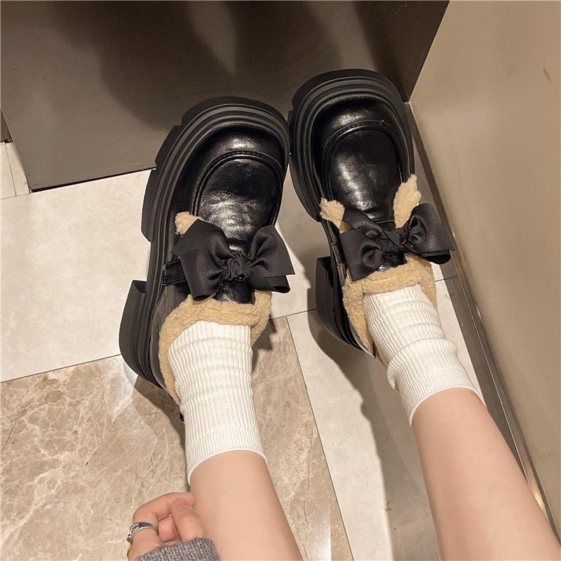 Bow cute velvet small leather shoes women's winter 2025 new British style versatile thick-soled Mary Jane cotton shoes