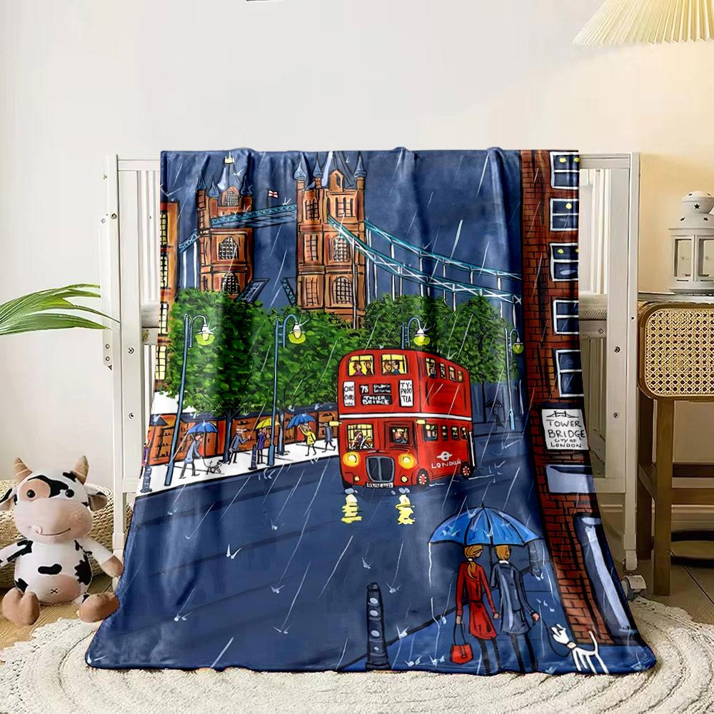 

A rainy London street scene with Tower Bridge, trees, and a red bus. for all seasons blanket lunch break throw gift 80cm x 120cm