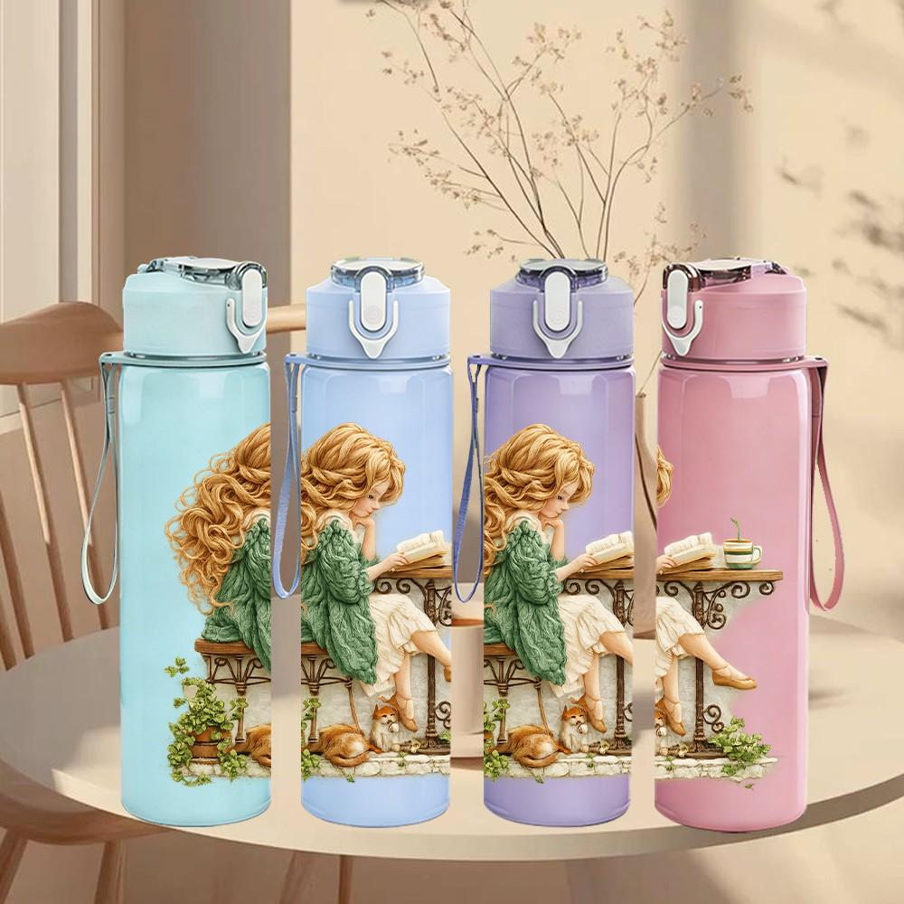 1PC Little Girl Sit Under Tree Scene Print 750ml Color Plastic Sports Water Bottle Leakproof Flip Straw Lid Suitable for Sports Office Home Use
