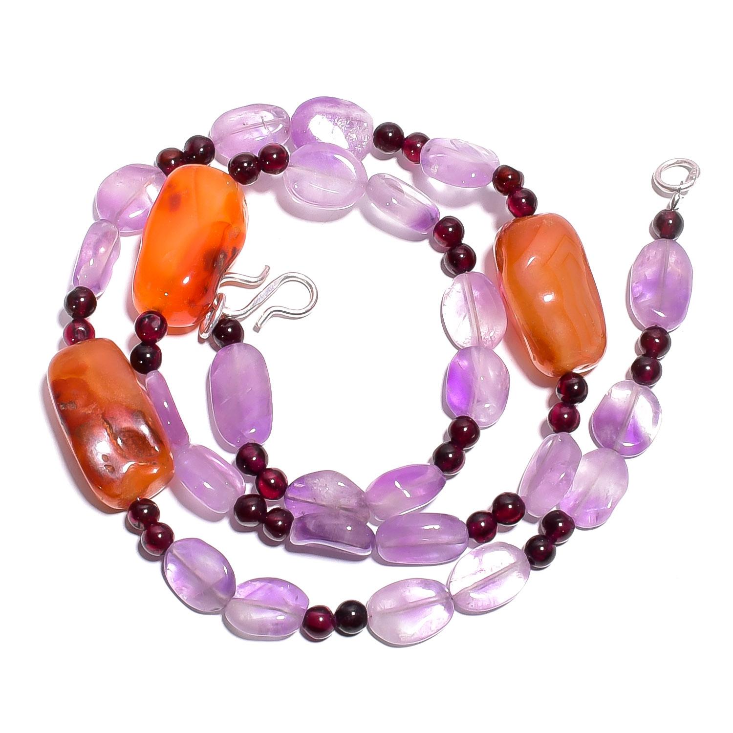 

Natural Carnelian Amethyst Garnet Gemstone Smooth Beads Necklace 17 UB-4742 UB-4742