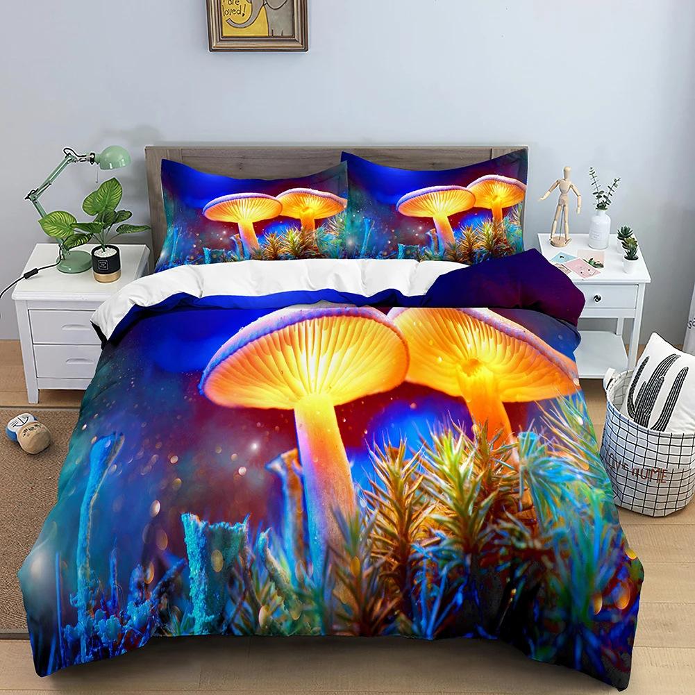 3D Psychedelic Mushroom Duvet Set Bohemian Mushroom Bedding Set Full Size Three-Piece Set