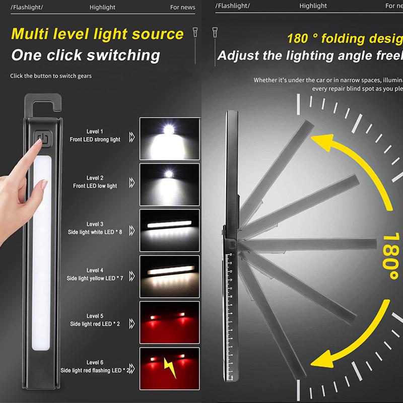 COB Work Pen Light LED Folding Work Flashlight with Magnet Portable Torch Rechargeable Outdoor Multi-Function Ruler Flashlight