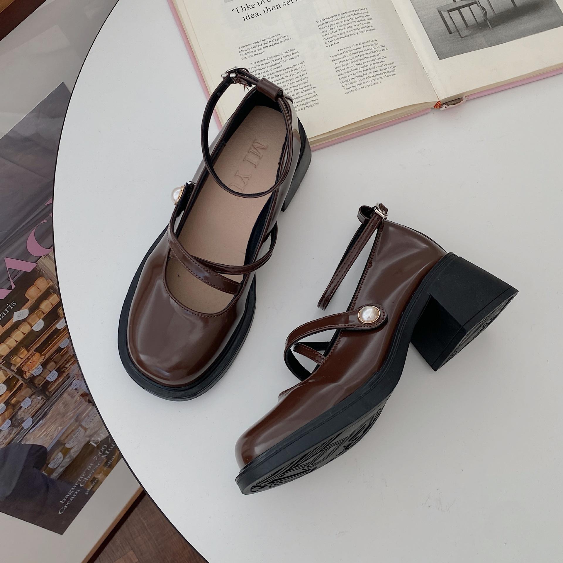 

Fashion Women Loafers Retro Brown Mary Jane Shoes Women Pu Leather Thick Heels Lolita Shoes Woman Uniform Pumps Ankle Buckle Heeled Shoe 40 коричневый