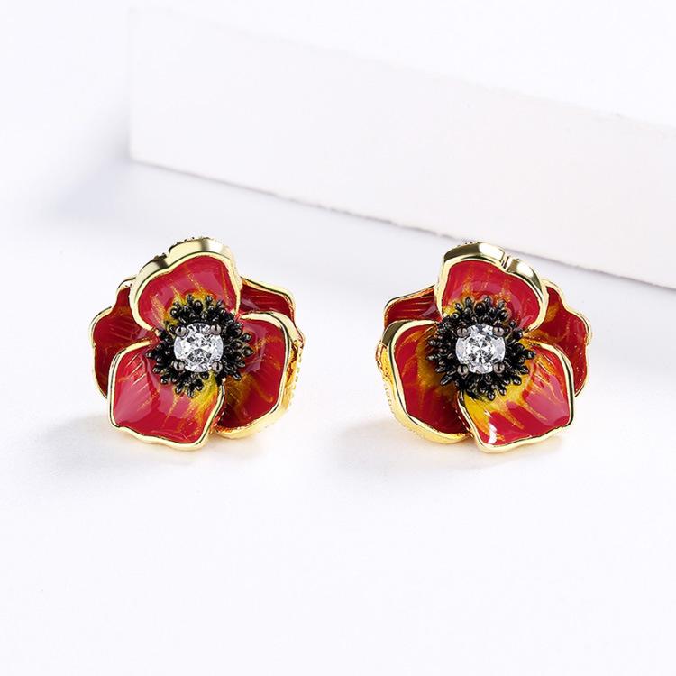 Изысканные серьги-гвоздики с эмалью в виде цветов Женские серьги с красной розой Золотые серьги Серьги-цветы