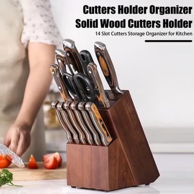 Wooden Cutter Holder with Anti-Slip Pads 14 Slot Cutters Storage Organizer for Kitchen Countertop Sturdy Durable Easy