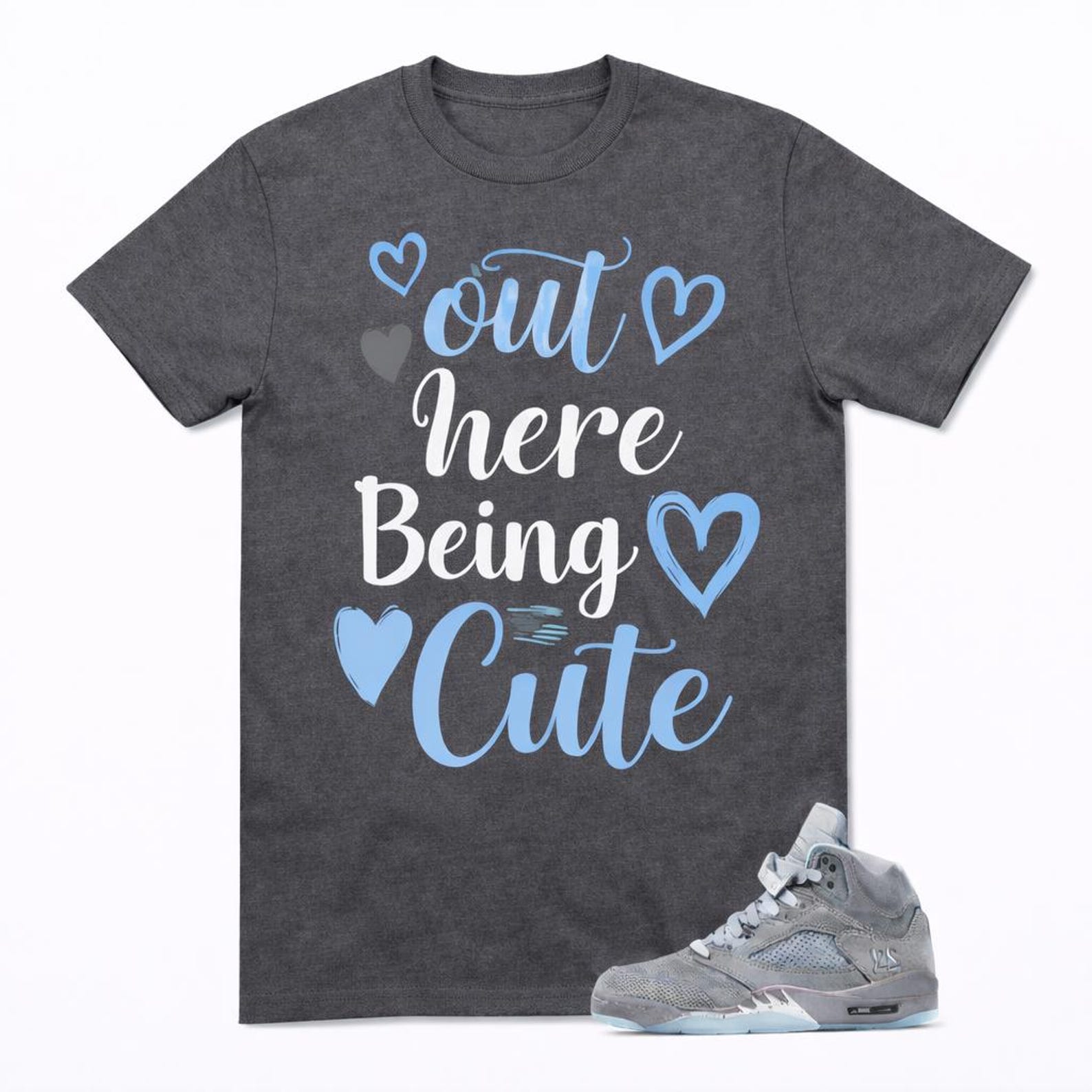 Gray Graphic T-Shirt –  Out Here Being  Typography, Heart Accents 3XL