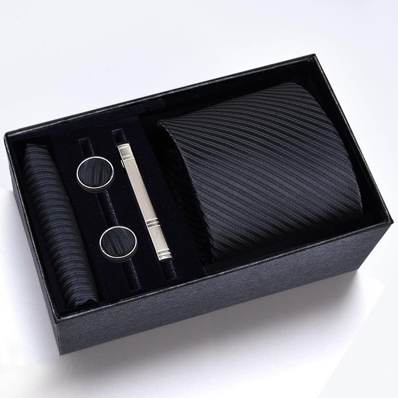 Gift Box Men'S Tie Square Scarf Cufflinks Tie Clip Five-Piece Set, Formal Business Blue Stripes