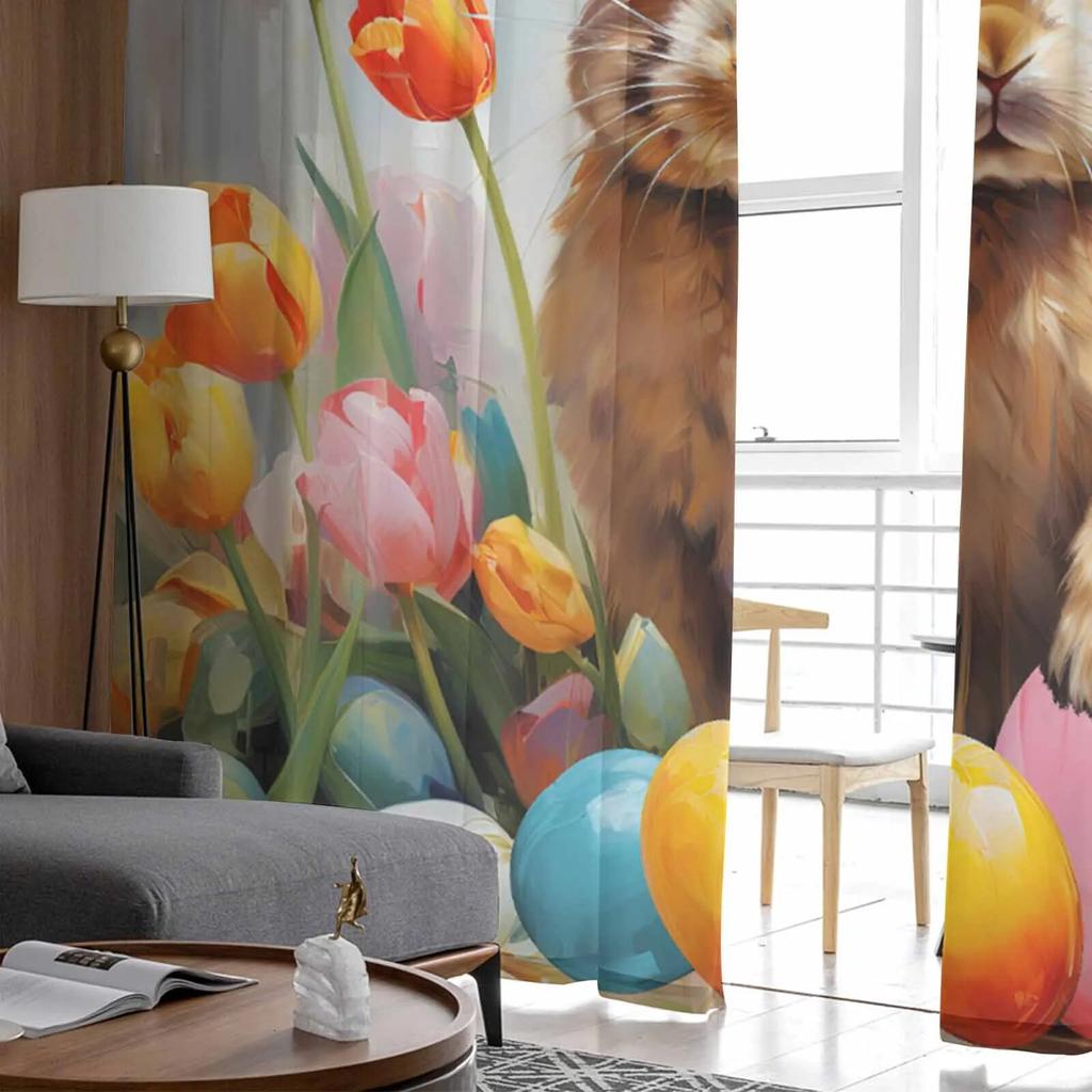 Easter Tulips Eggs Bunny Tulle Curtains For Living Room Sheer Curtain For Bedroom Kitchen Blinds Voile Curtains