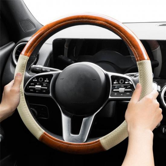 

15 38CM Car Steering Wheel Cover Wood Grain Beige Leather Breathable Non-slip