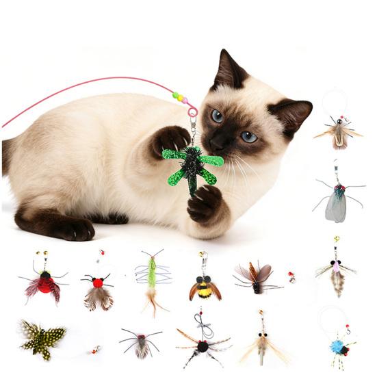 1 Set Katzenangelspielzeug Feder-Katzen-Teaser mit Glöckchen Interaktives Angelspielzeug für Katzen mit austauschbaren Federinsekten für Kätzchen im Innenbereich Jagdinstinkt