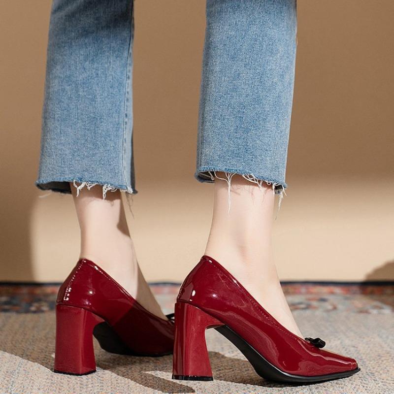 Fashion French High Heels Patent Leather 2024 New Color Blocking Design Butterfly Bow Decoration Square Exquisite Women's Single Shoes