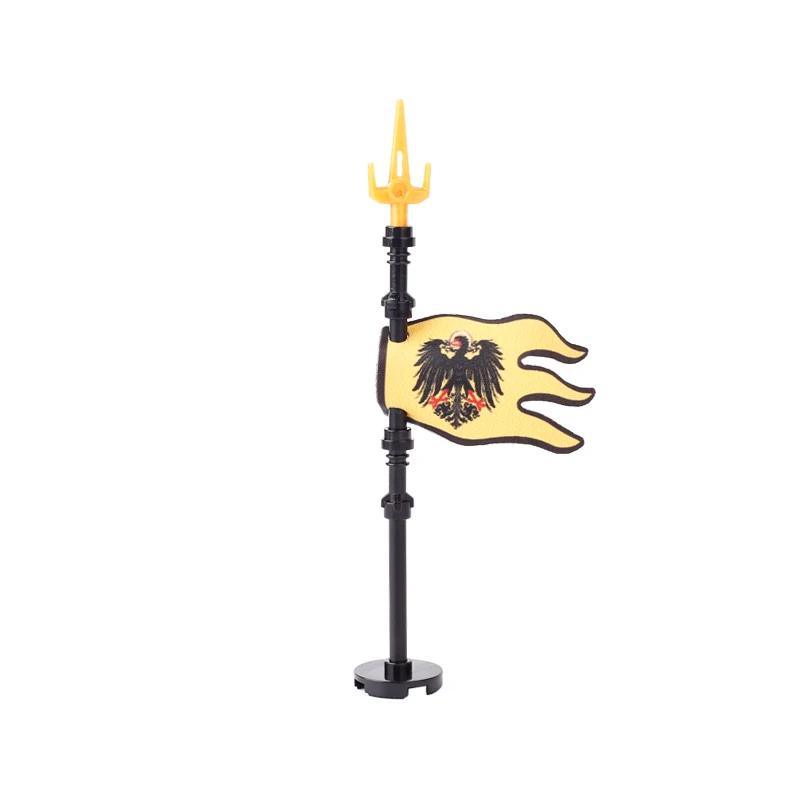 Medieval Army Empire Flag and Flagpole Set - Knight Building Blocks with Cloak and Weapon Bricks