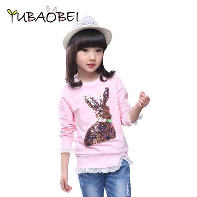 Camicette scolastiche per ragazze primavera autunno, magliette in pizzo per bambini, moda per bambini, cotone, paillettes, motivo a coniglio con cartoni animati, scollo a V