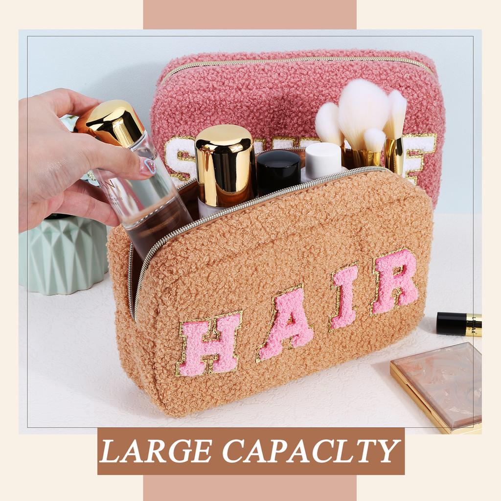Preppy Makeup Bag Chenille Letter Fluffy Cosmetic Storage Pouch Fuzzy  Travel Toiletry Bag Gift for Women and Girls