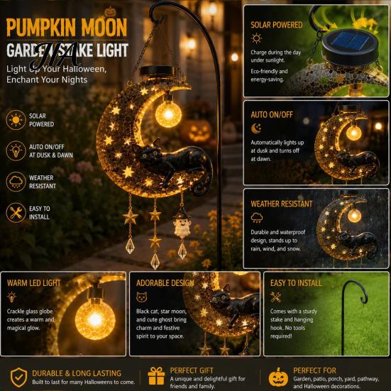 Whimsical Cat Sculpture for Garden Solar Halloween Hanging Moon Lamp with Ghost Star Charm, Black On Crescent Illuminated Outdoor Decor Home