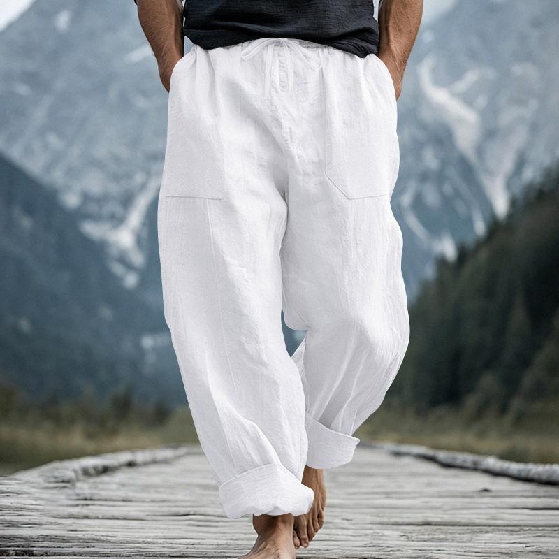 Men s summer new linen loose trousers drawstring pockets solid color casual pants S белый