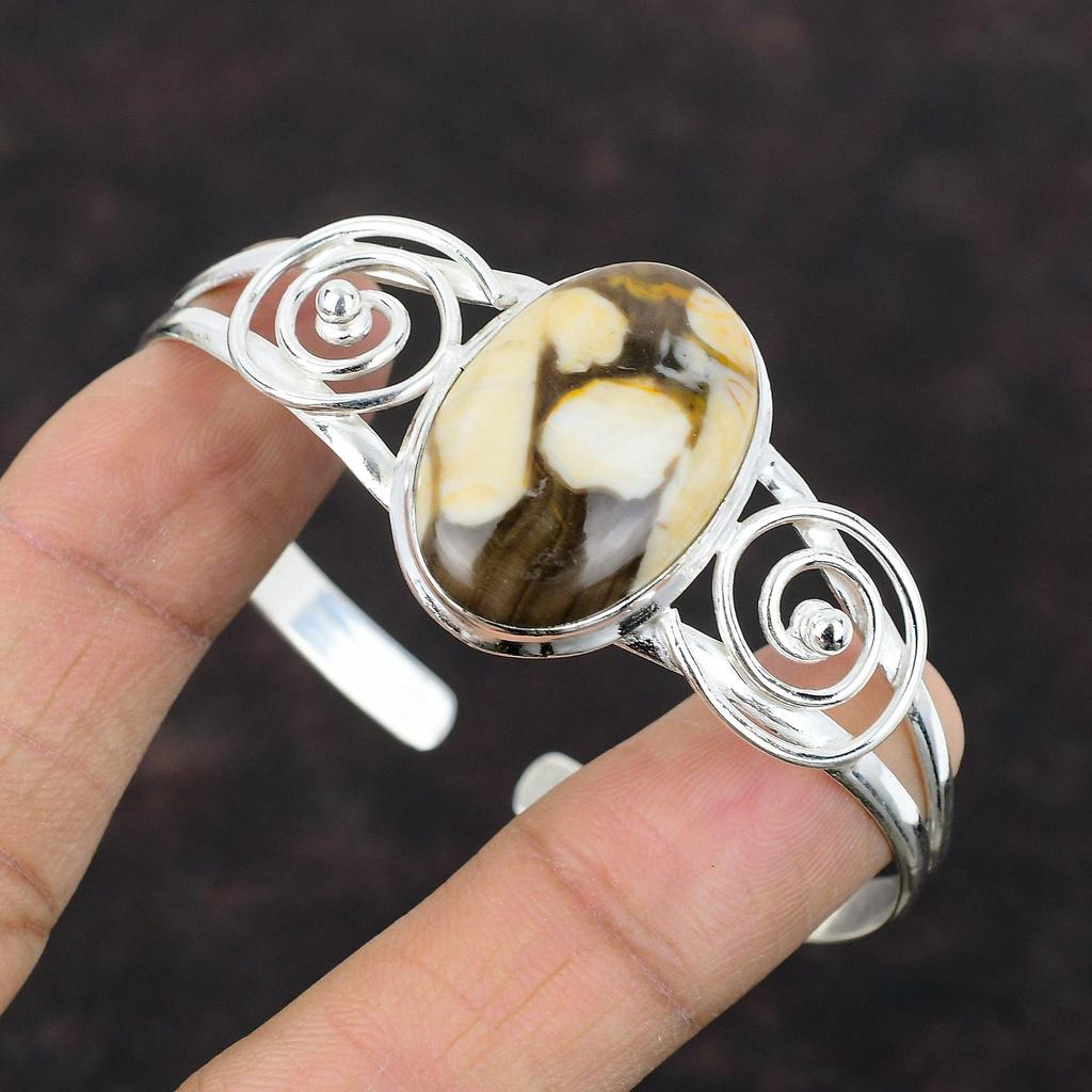 Peanut Wood Jasper Cuff Bracelet Gemstone Bangle 925 Sterling Silver Bangle Adjustable Cuff Bangle Handmade Healing Stone Jewelry For Gifts