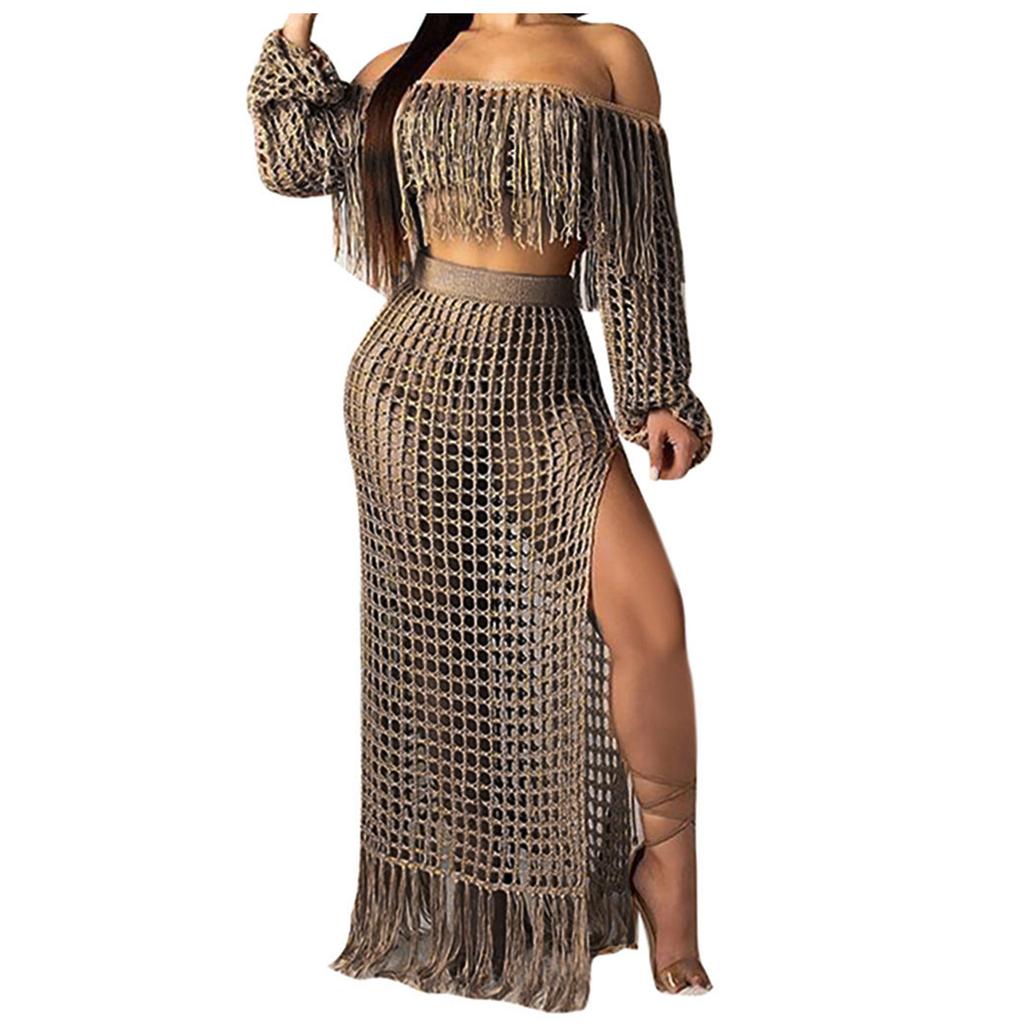 Women Sexy Long Sleeve Tassels Hollow Out Blouse Tops+Slit Beach Skirt Suit Sets