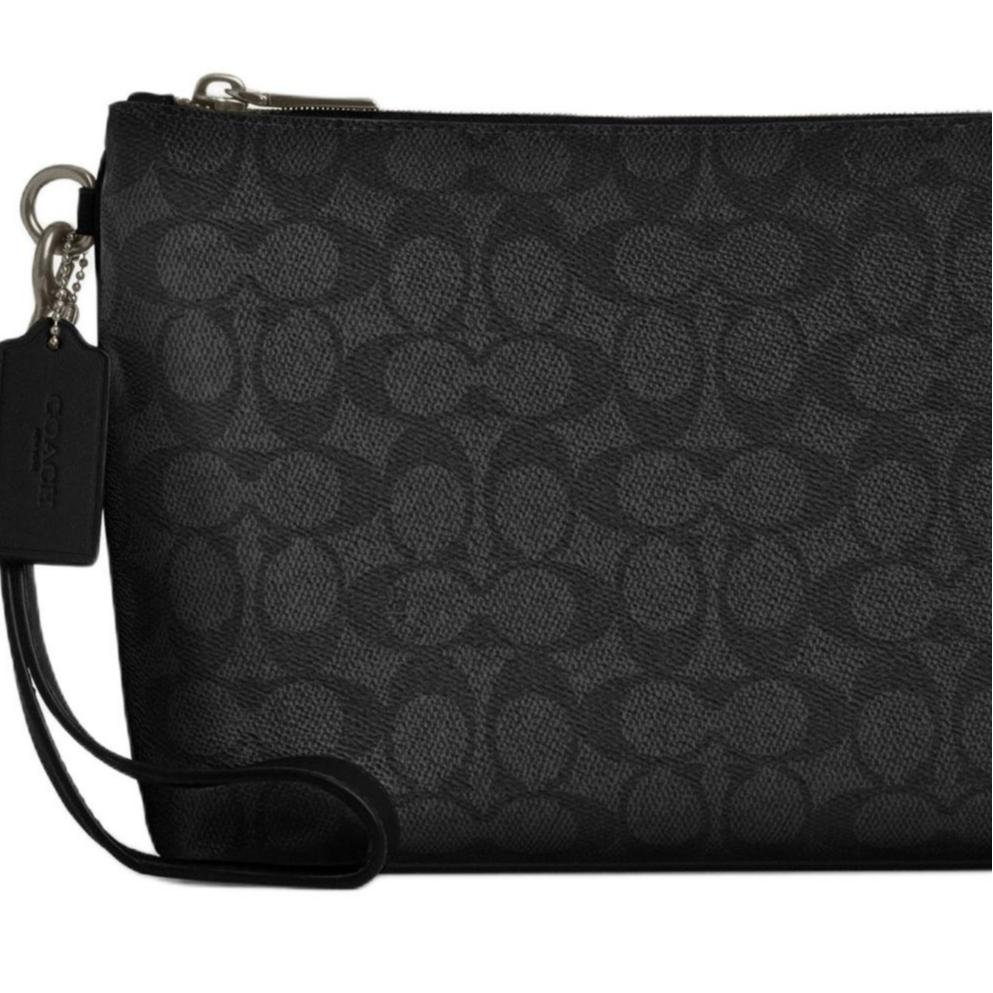 Coach 27 Top Zip Closure Detachable Wrist Strap Faux Leather Clutch Bag Large Men Clutch Bag Charcoal-Black Black CCF32-QBMI5