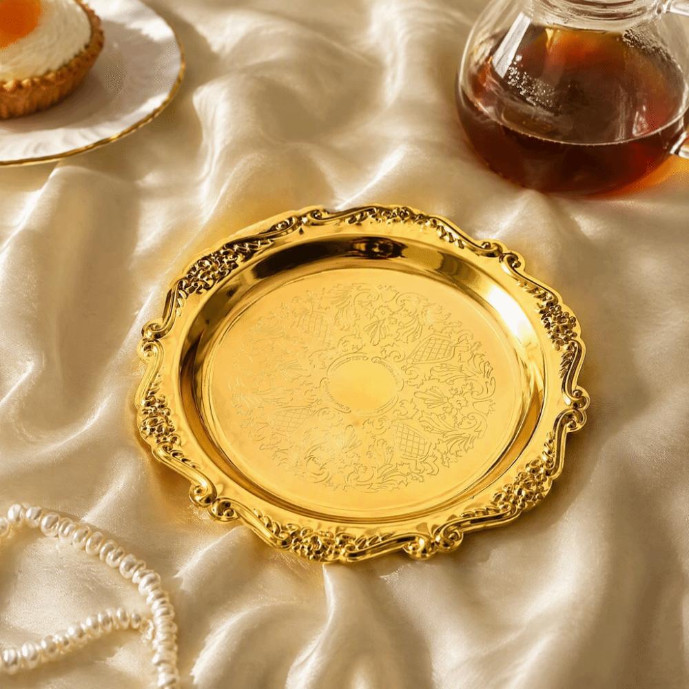 2pcs Golden Color Metal Serving Plate Carved Edge Round Food Tray For Holiday Party