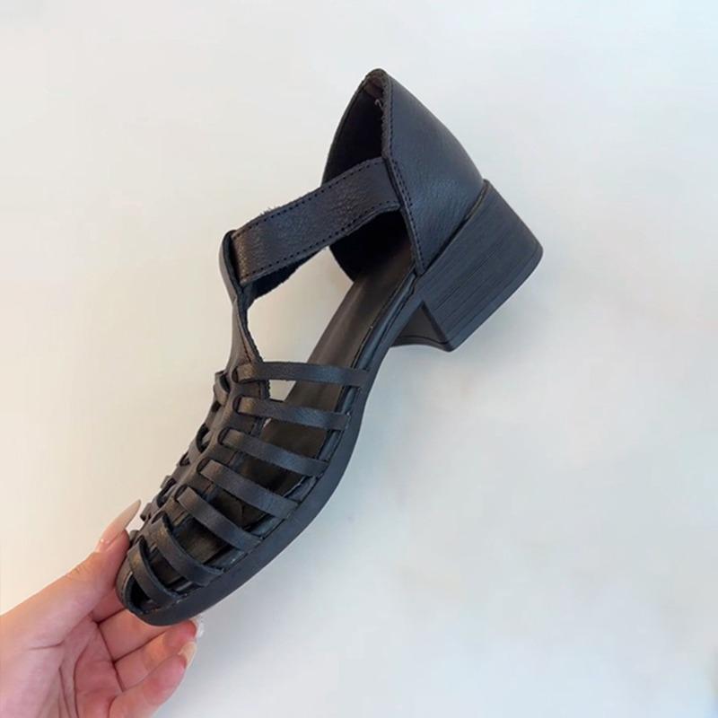 Sheepskin version niche retro woven open-toed summer sandals women's leather thick heel one-word bag head shoes
