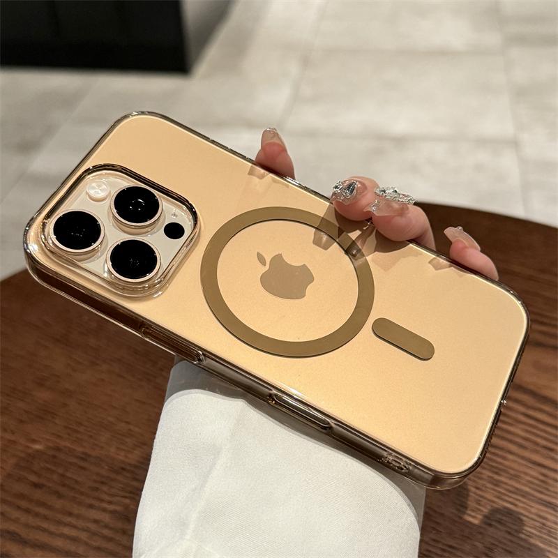 Luxury Gold Magsafe Transparent Case For iPhone 11 12 13 14 15 16 Pro Max Plus Magnetic Wireless Charge Shockproof PC Hard Cover