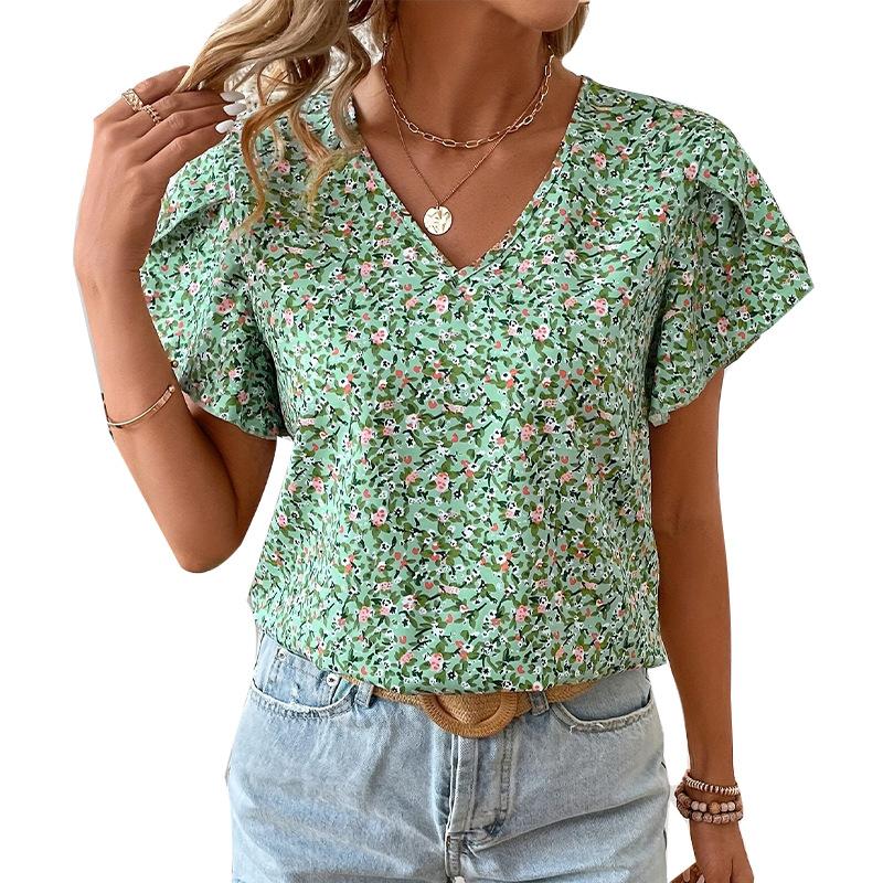 Beach Style Women Tops V Neck Shirts Short Sleeve 2025 Summer Loose Casual Blouses Puff Pleated Work Blouse Fashion Pullover Top