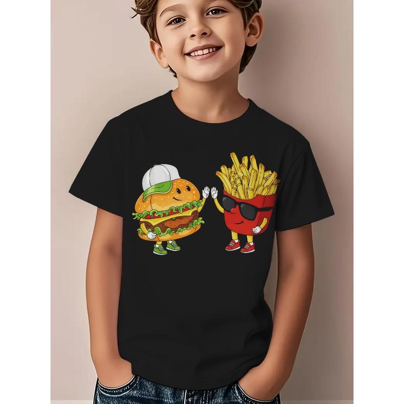 Boys Summer Crew Neck Short Sleeve T-Shirt with Cartoon Burger & French Fries Print 110 белый