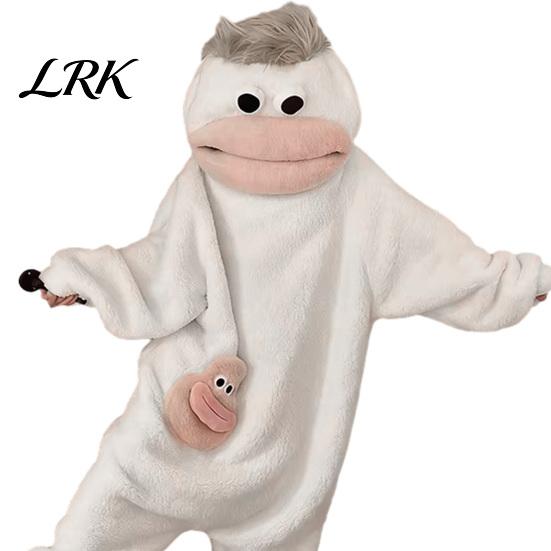 Kreslené pyžamo Vtipný nositelný overal s velkými ústy pro děti, dospělé, plyšový korálový fleece, pohodlné domácí oblečení, měkký jednodílný overal s kapucí M bílá