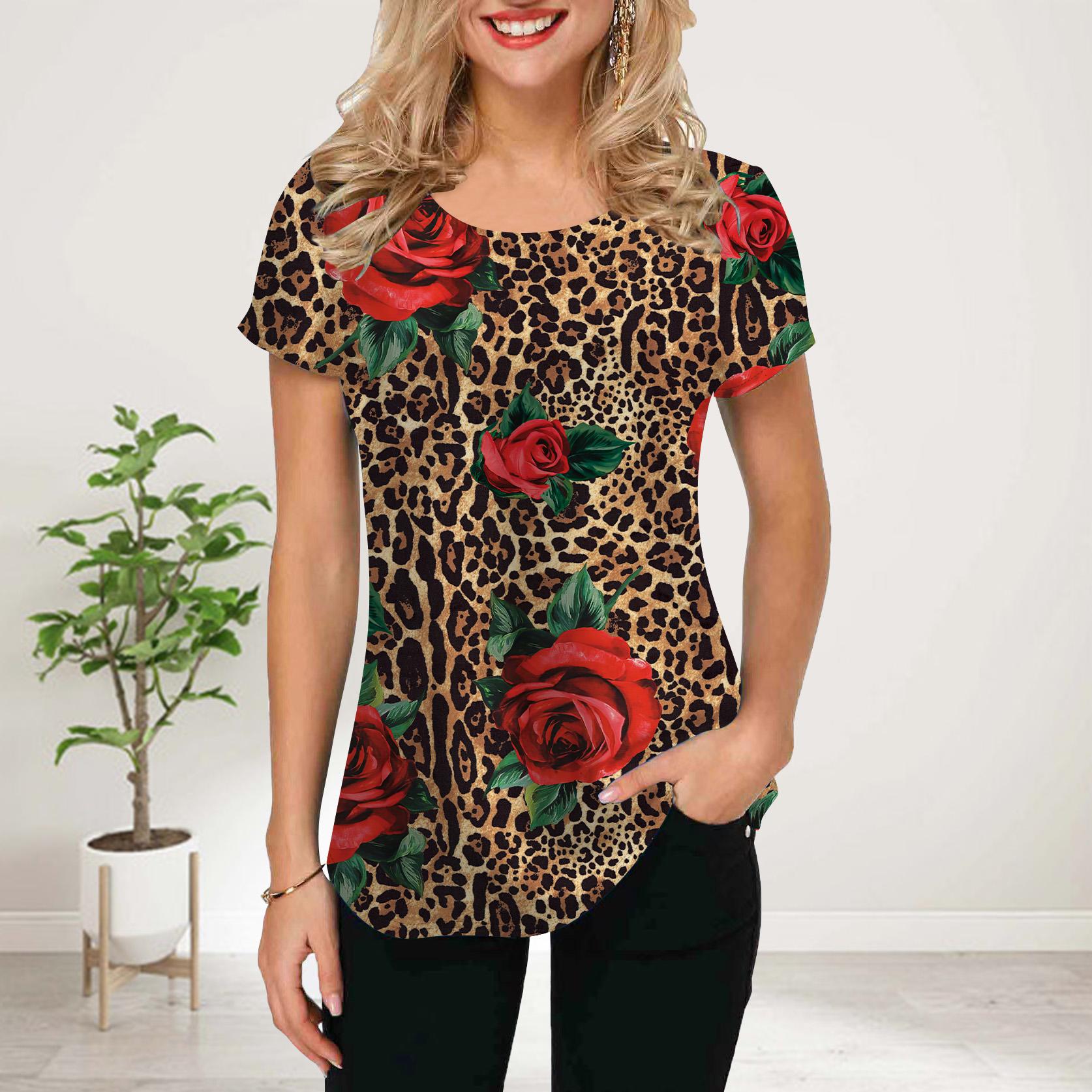 

Женская летняя футболка с принтом «цепочка роз» с коротким рукавом, повседневные топы с принтом 4XL красный