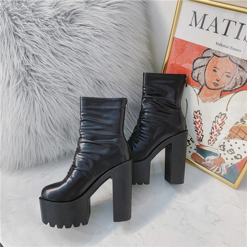 2025 Winter Women's Boots Waterproof Platform Fold Surface Zipper Thick Heel Short Boots Casual Fashion Shoes