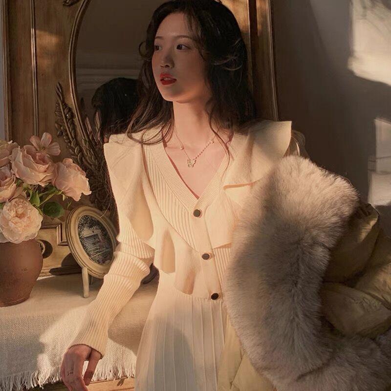 

Новое женское вязаное платье ранней осени, шикарное, с темпераментом, с длинными рукавами, с нишевым дизайном, длинное платье XL абрикосовый