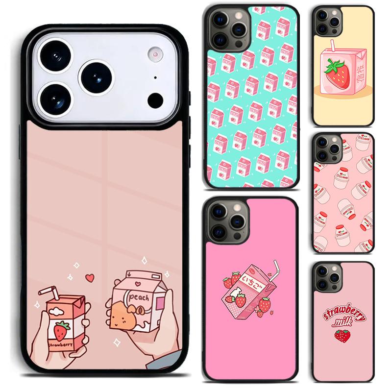 Kawaii Strawberry Milk Phone Case for iPhone 17 16 15 Pro Max Air 14 13 12 11 Plus Shockproof Cover