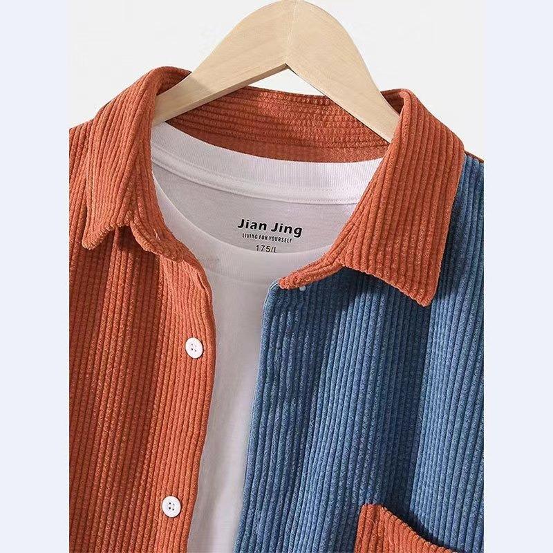 Camisa de pana informal holgada para hombre con bloques de color y manga larga