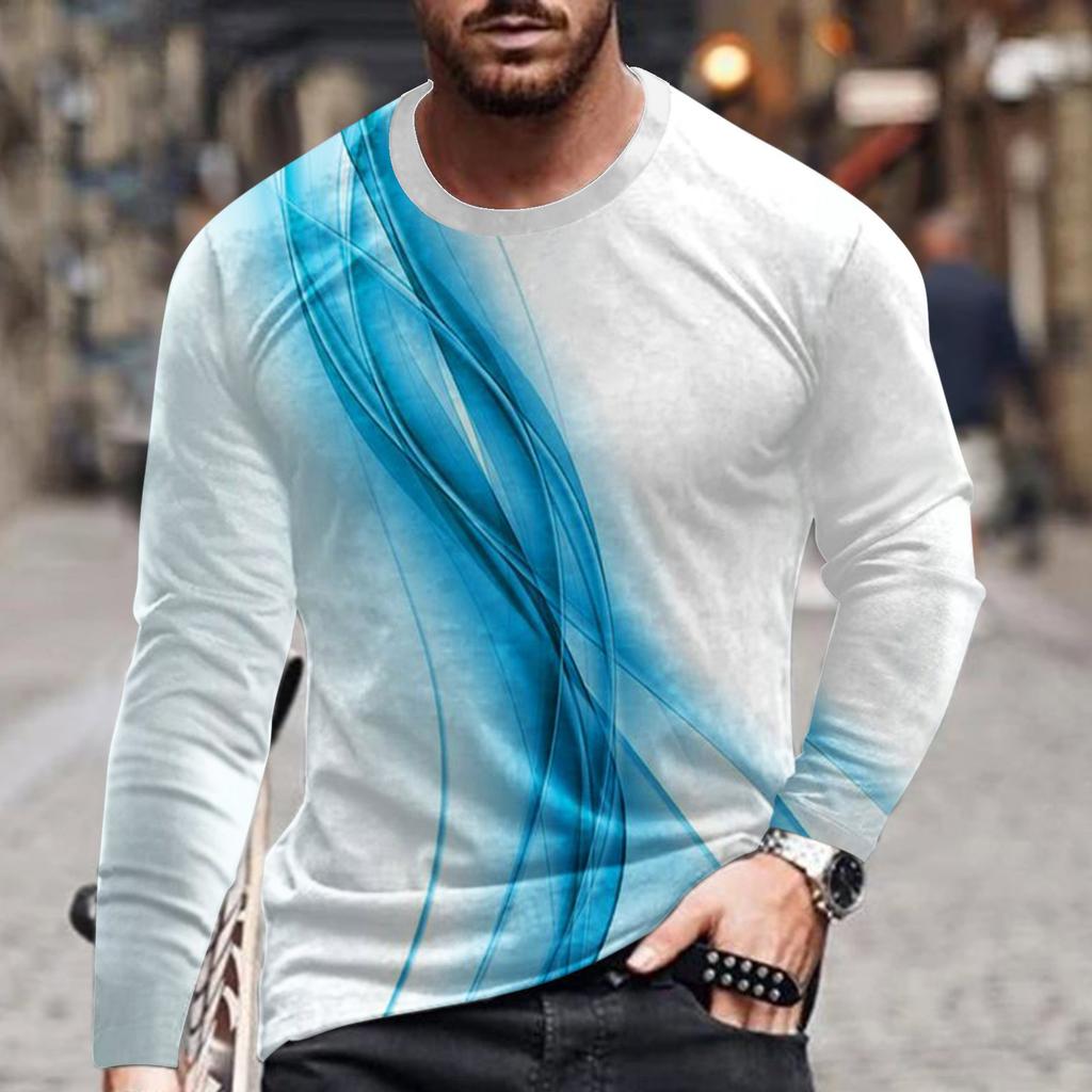 Spring and Autumn Round Neck 3D Line Printed Top Fashionable Casual Simple Long Sleeved Men's T-shirts