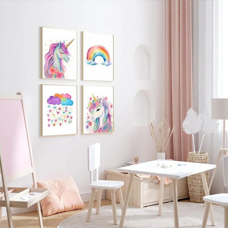 Unicorn Wall Art Girls Room Decor Unicorn Gold Glitter Canvas Painting Cloud Rainbow Prints Picture