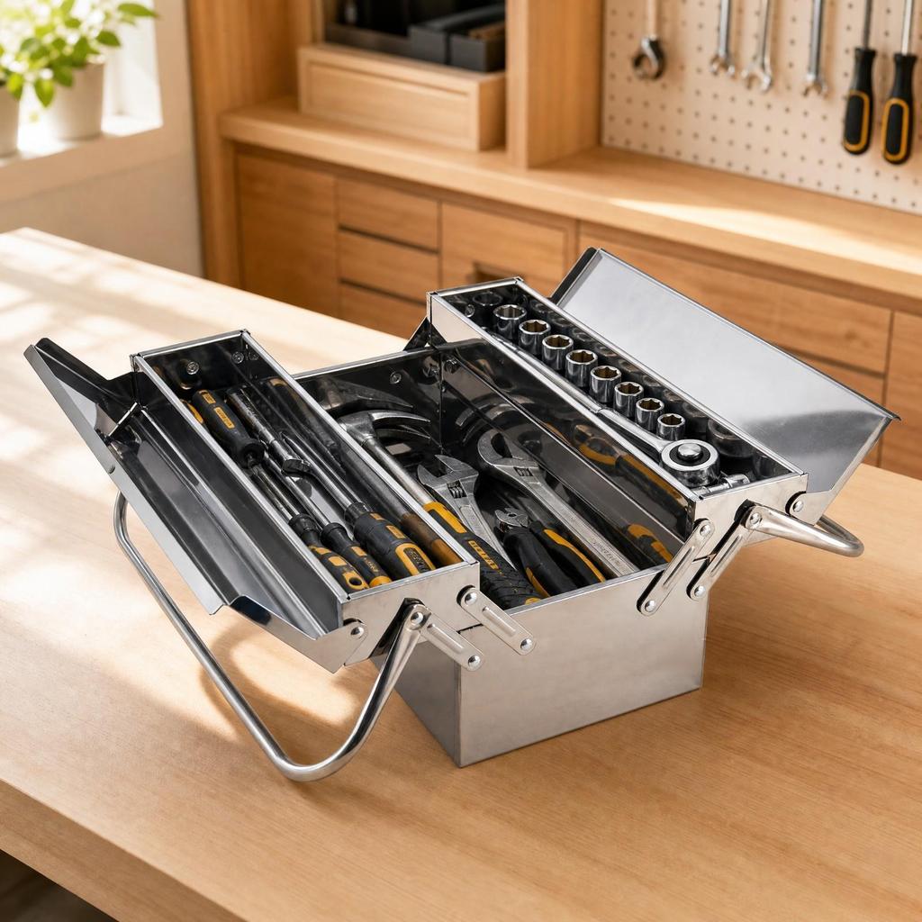 Rust Resistant Stainless Steel Toolbox Easy to Clean Double-Layer Fold-Open Tool