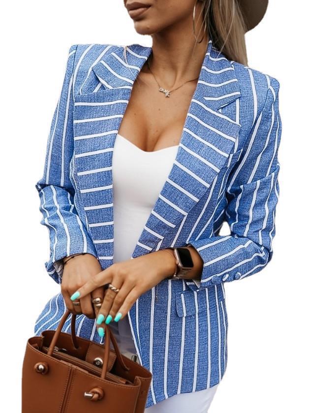 Autumn New Lady Commuter Slim Fit Blazer Coats Fashion Turn-down Collar Stripe Jackets Women Elegant Long Sleeve Button Outwear