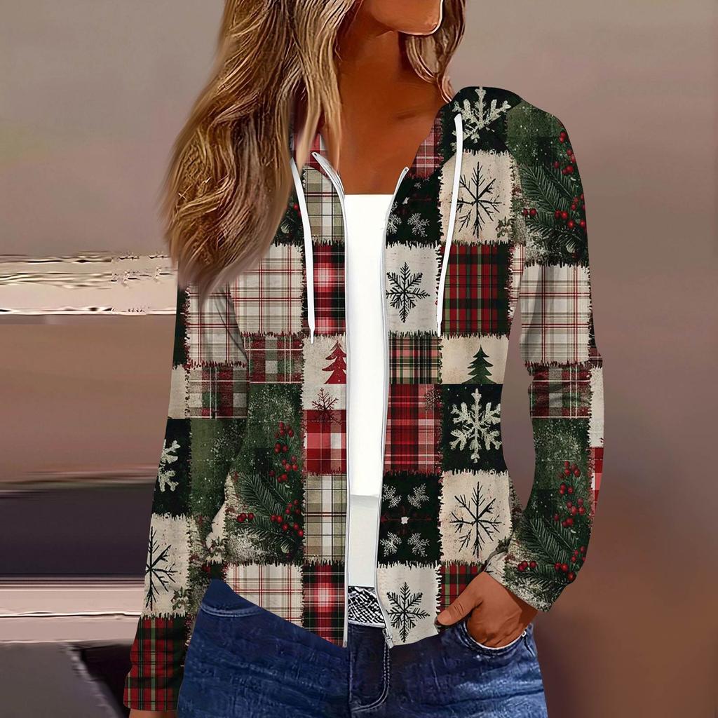 Women's Fashion Christmas Print Casual Zip-Up Long-Sleeved Hooded Jacket