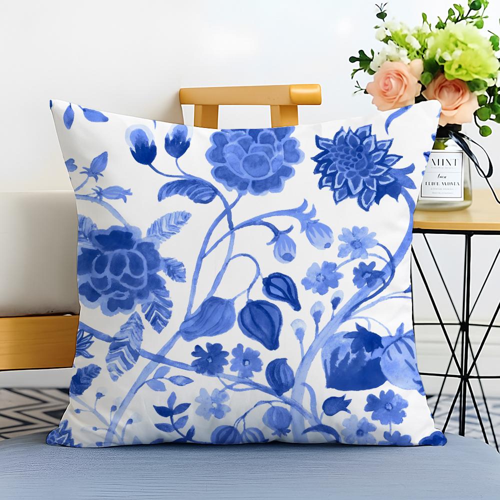 Blue and White Porcelain Cushion Cover Washable Linen Pillowcase Soft for Sofa Bed Cozy Home Room Decor