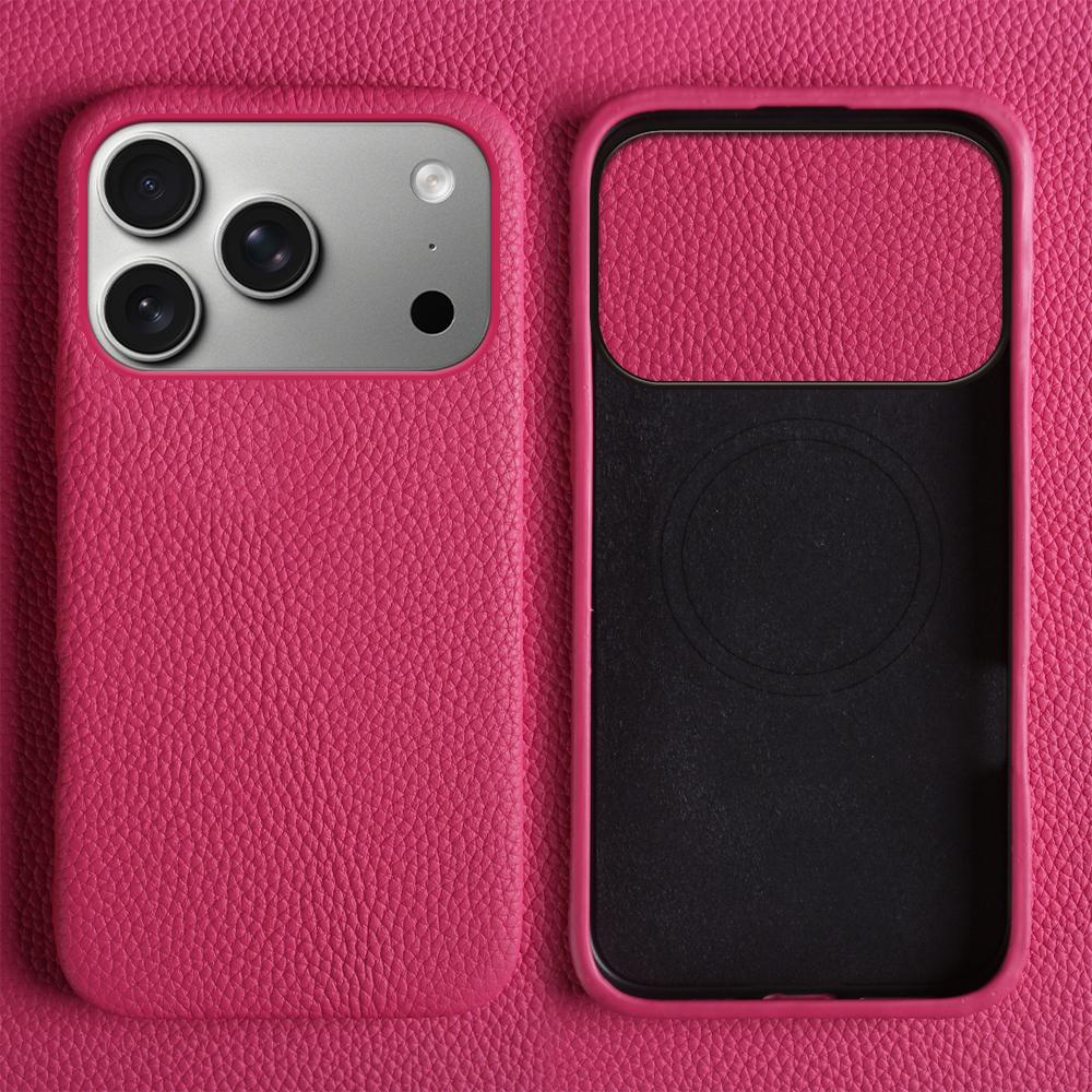 For iPhone 17 Pro Case Compatible with MagSafe Litchi Texture Genuine Cow Leather + PC Phone Cover
