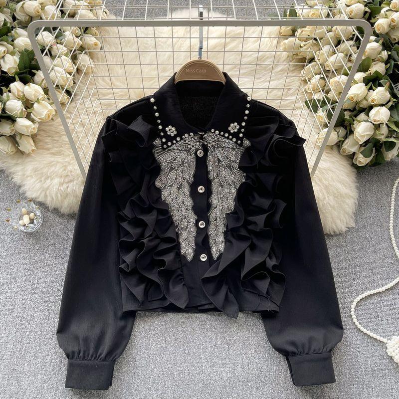 

Wooden Ear Silm Heavy Industry Beads Diamond Long Sleeves Shirt Black All yards