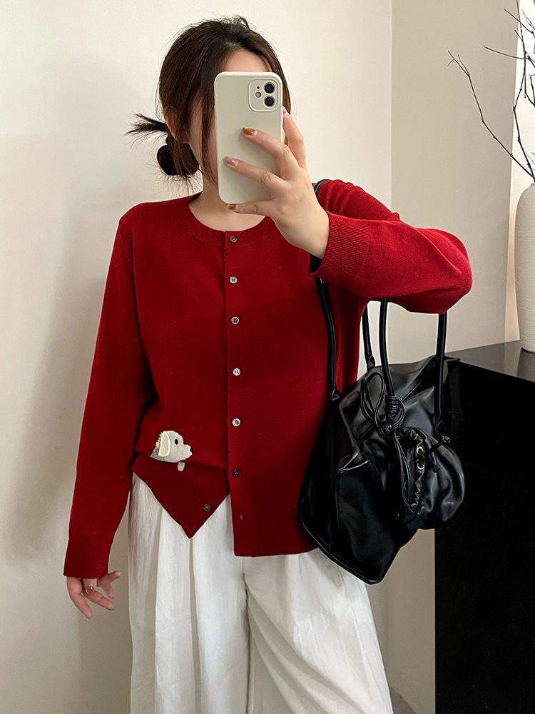 Plus Size Women's Round Neck Jacquard Cardigan - 2026 Spring Style Puppy Design