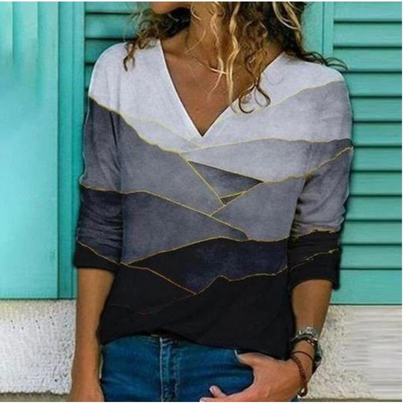 V-neck 3D Printed Top Fashionable Casual Long Sleeved Women's T-shirts