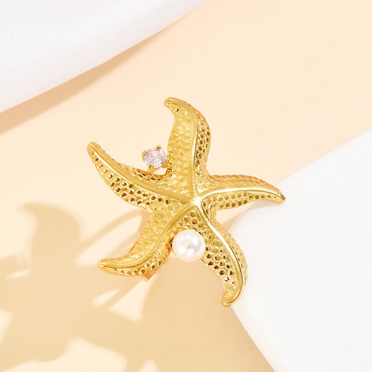 Stainless Steel Starfish Rhinestone Ring: Versatile Beach Vacation Style with Zircon Highlights
