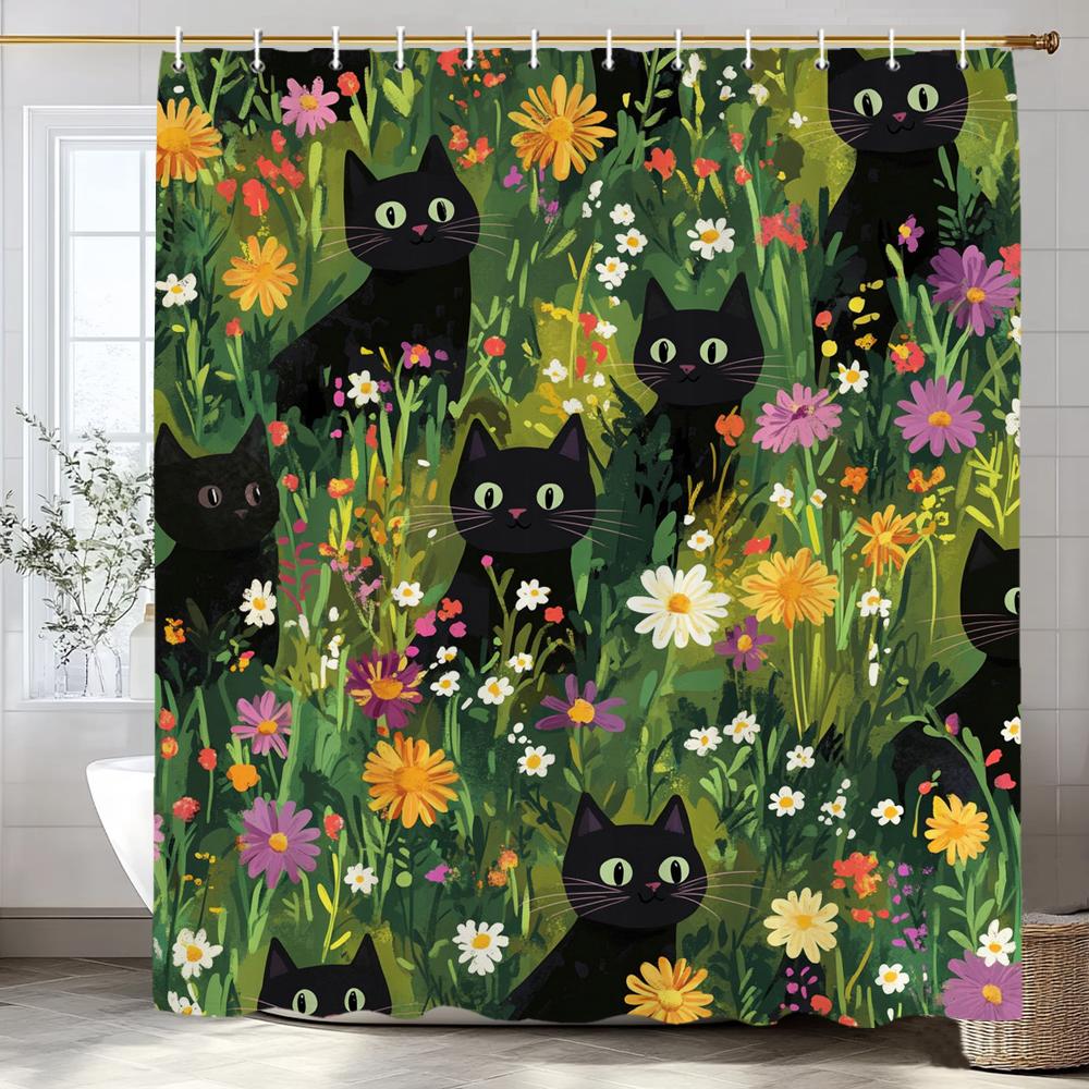 Flowers and Plants Cute Black Cats Shower Curtain, Bathroom Decorative Shower Curtain, Waterproof Shower Curtain with Hooks