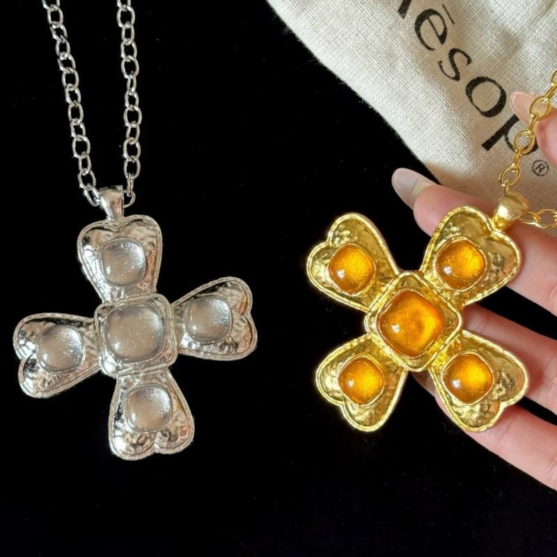 Colier Pandantiv Cruce Metalică Rășină Galbenă Transparentă Stil Retro Lanț Gât Pentru Femei Bărbați Cuplu