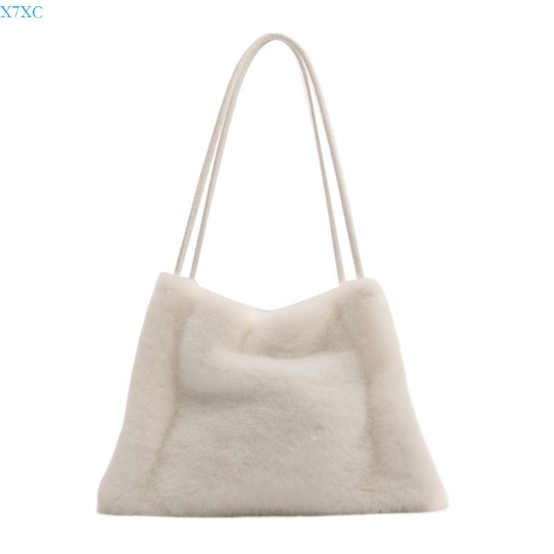 

X7XC Elegant Furry Plush Bucket Purse for Modern Women Winter Shoulder Bag Handbag белый